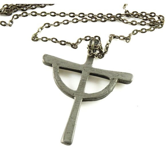 Big Stylized Cross Thick Pewter Vintage Pendant on Long 26" Chain Necklace - Picture 3 of 4